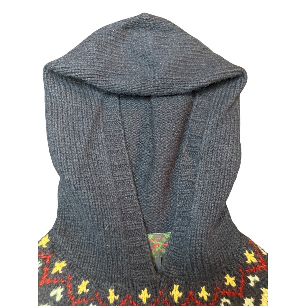 Vintage Ralph Lauren Hand Knit Fair Isle Hoodie Womens M Navy Wool Sweater - Picture 6 of 14